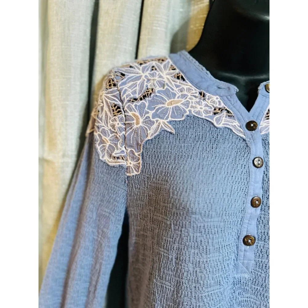 Free People Easy Breezy Henley Top tee blouse Blue_5